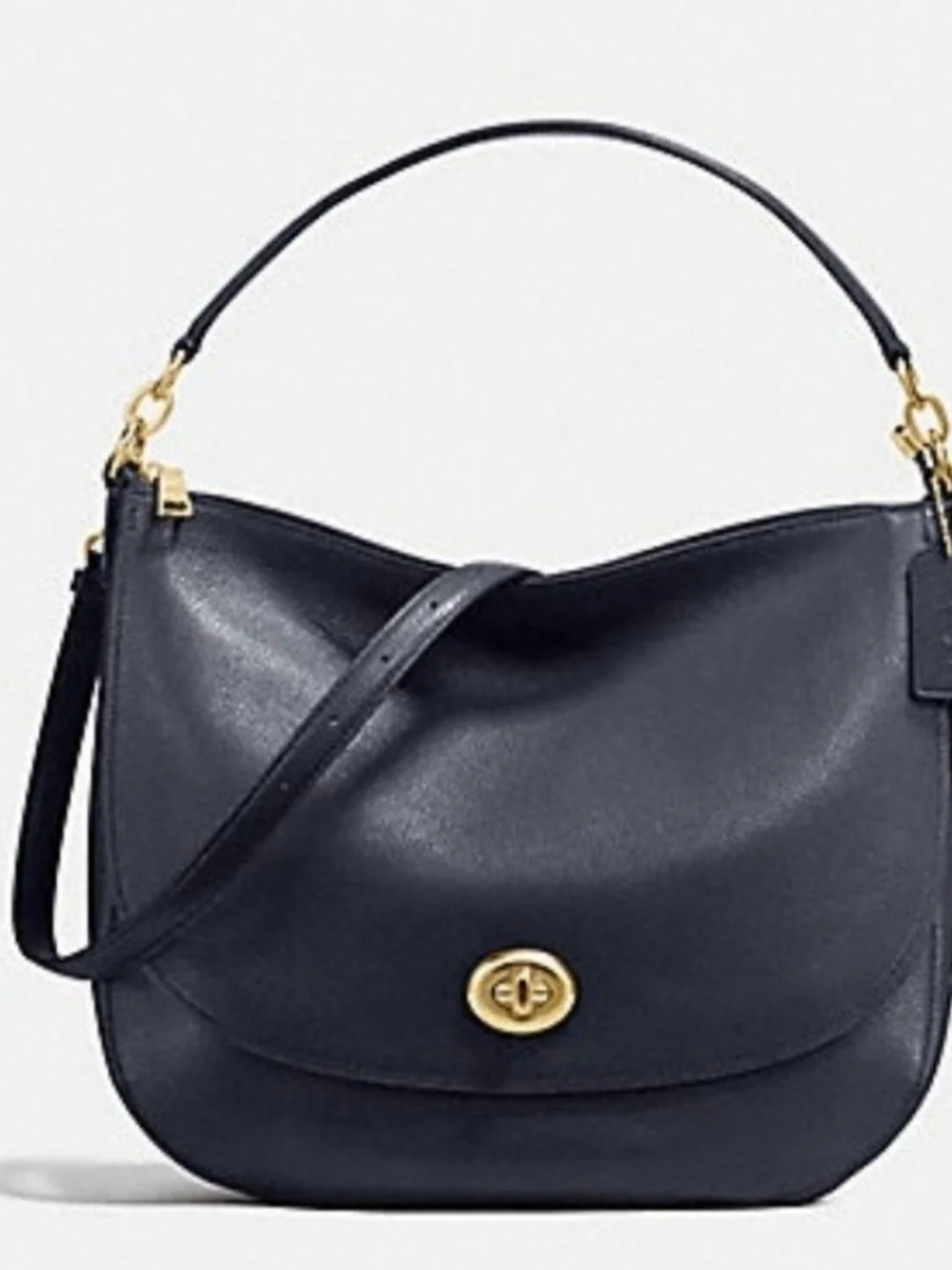 Classic Navy Leather Hobo Bag Pebbled Learher with Gold Turn-Lock